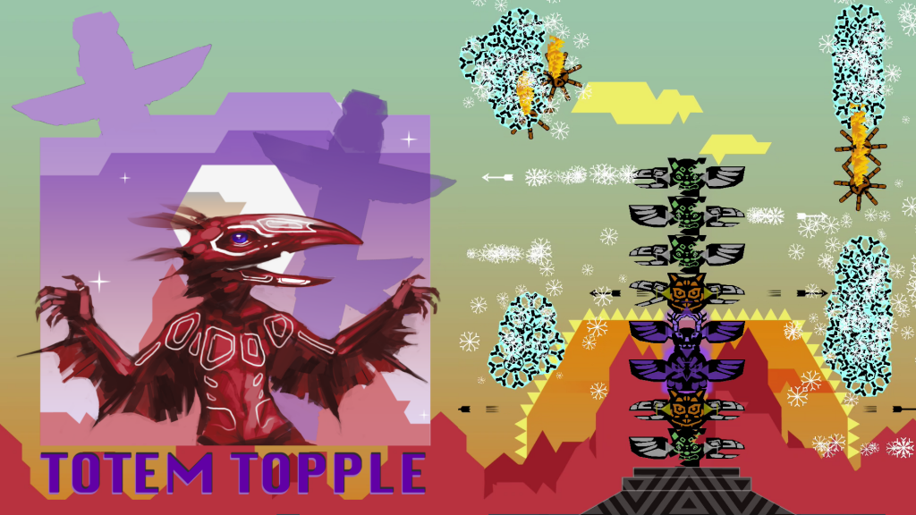 Logo of a man in a birdsuit. Next to him a totem pole being attacked by ice demons, as the sun rises over the desert.