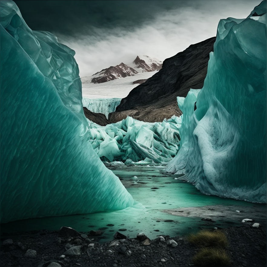Two giant chunks of blue-green ice flank a small pool in front of a glacier, with dark bare mountains in the background and stormy grey clouds above. In the foreground, a black shingle and pebble beach with two small tufts of grass.