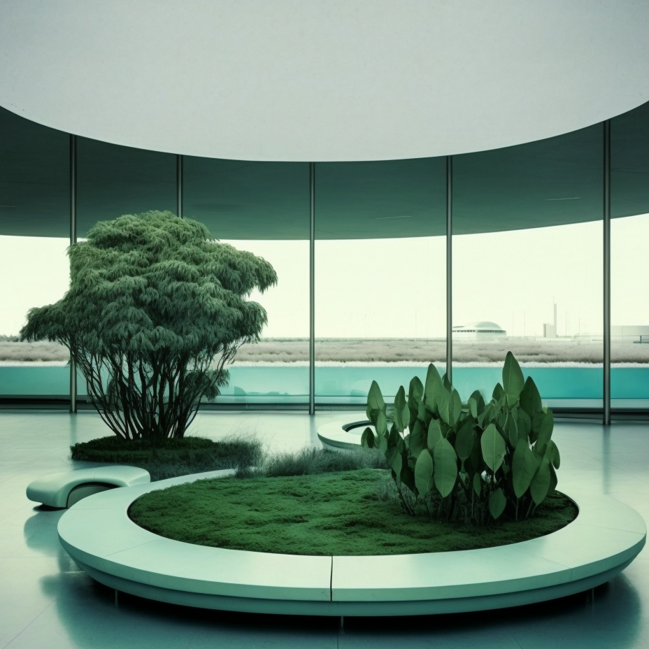 A white circular bench in a minimalist interior, with a potted tree to one side and a large semi-circular window in the cakground looking onto a rough grassy field